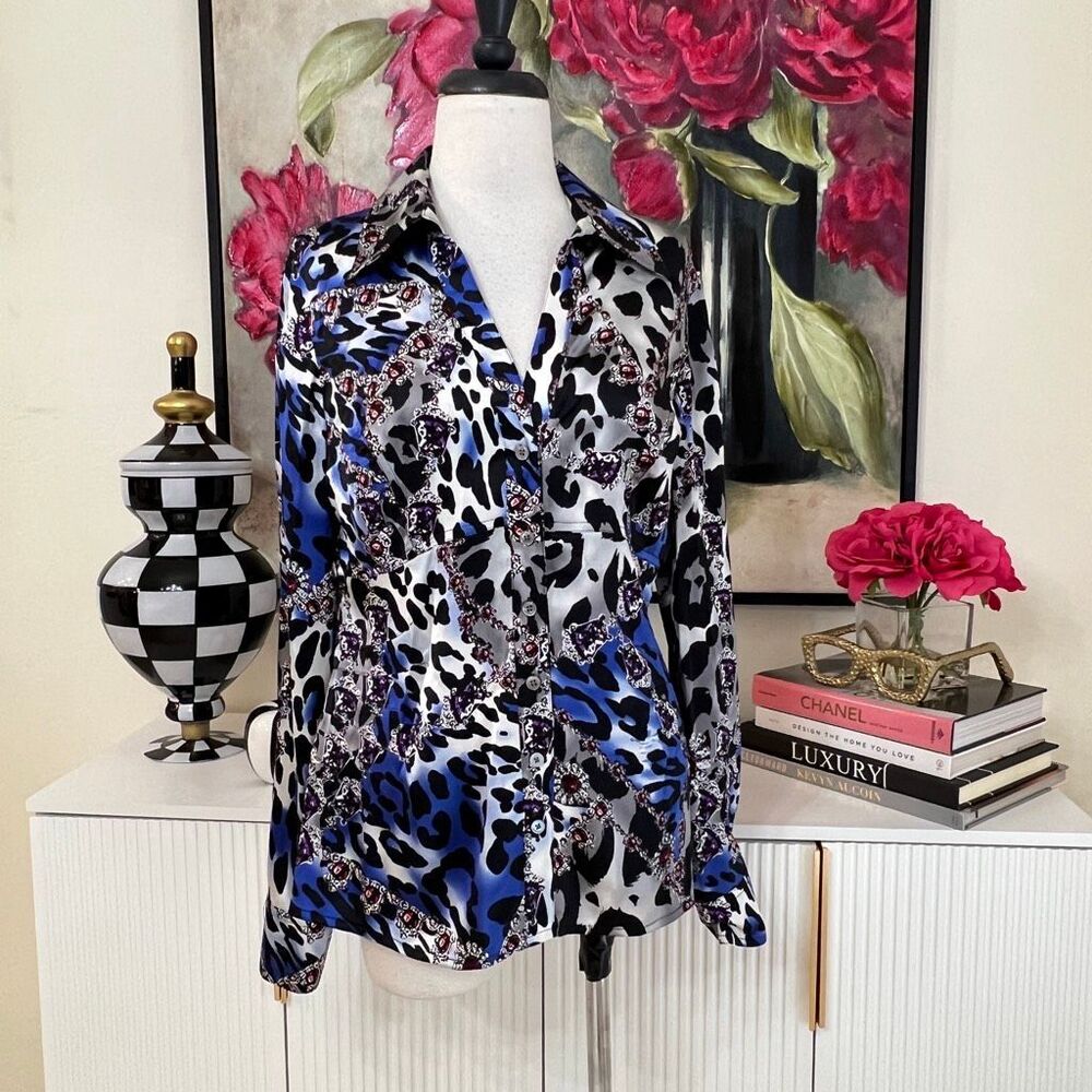 Cache Women's Leopard Jewel Print Silk-Blend Button-Down Shirt Blue Black Large